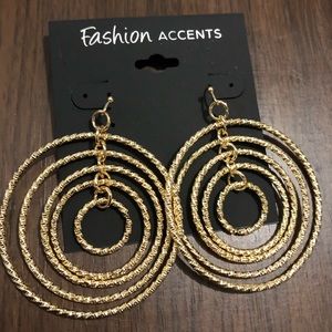 New Fashion Accents Gold Tone Textured Circles Dangle Drop Earrings 2 1/2”  #B75